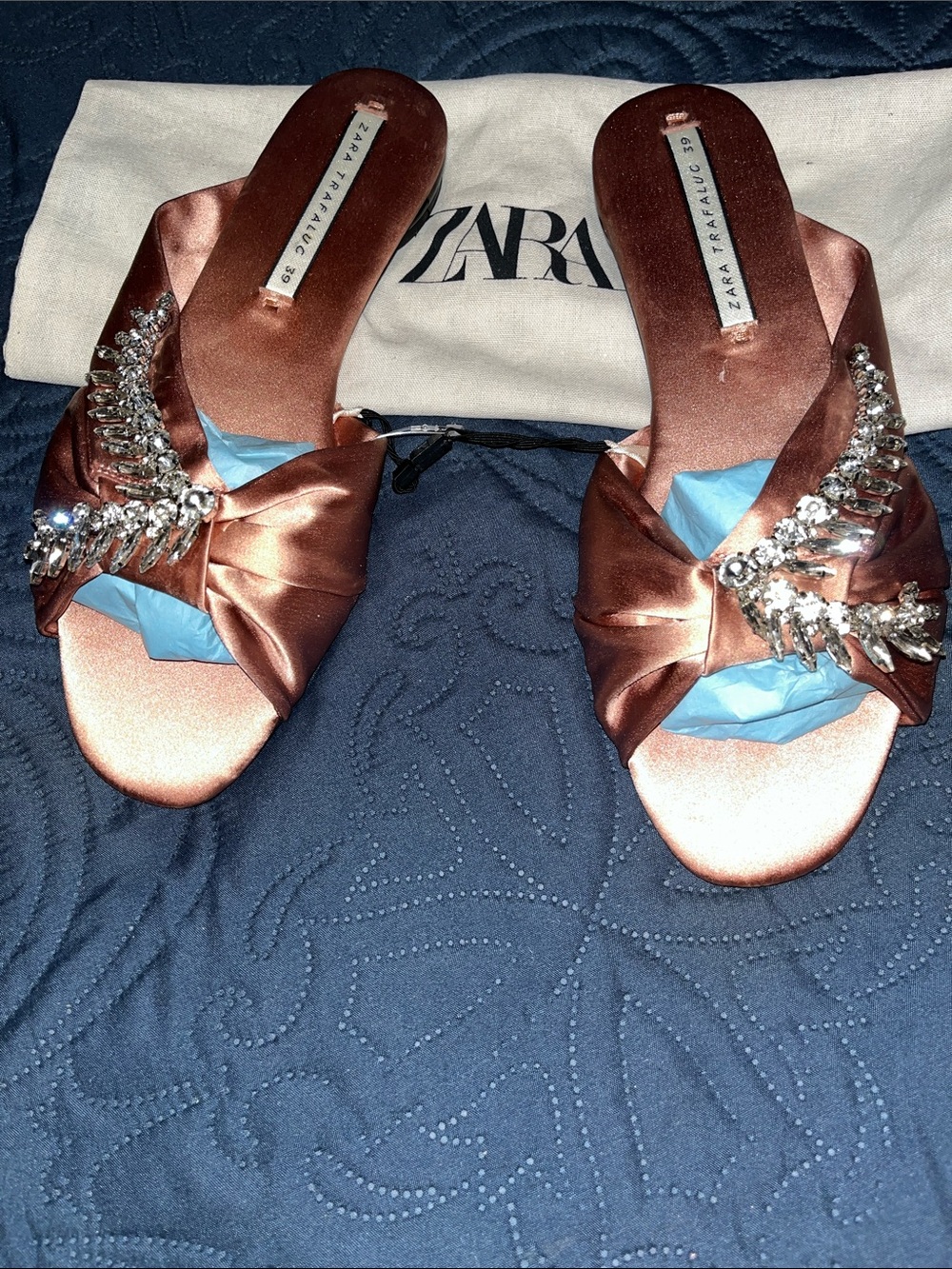 Zara Rose Gold Satin Slide Mules with Crystal Leaf Accent
